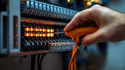 Hand holding an orange test probe connecting cables to a lit control panel with rows of glowing indicator lights and connectors, conveying focused careful maintenance