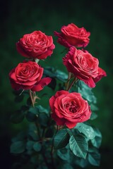 Fototapeta premium Six red roses with layered petals and glossy green leaves against a dark blurred background, soft light creating a romantic and elegant mood