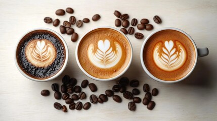 Three cups of coffee with latte art rosettas and heart foam on a light wooden surface surrounded by scattered coffee beans, cozy and inviting