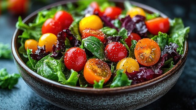 Fresh colorful salad with red and yellow cherry tomatoes, mixed leafy greens, basil and cracked black pepper in a rustic bowl, vibrant and appetizing