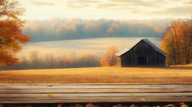 Tranquil autumn farm scene with weathered wooden barn in a golden field, misty rolling hills and colorful fall trees seen from a wooden porch - Powered by Adobe