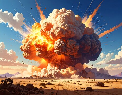 Large explosion in desert, mushroom cloud, vibrant colors, blue sky, rocks - Powered by Adobe