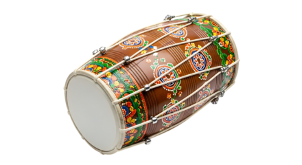 Traditional Indian Dhol Drum with Intricate Colorful Folk Art Patterns, cutout, PNG isolated on white or transparent background