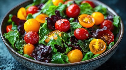 vibrant bowl of mixed salad with red and yellow cherry tomatoes and green and purple leafy greens in a ceramic bowl, fresh and appetizing