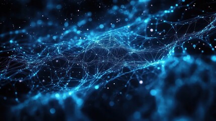 Glowing blue network of interconnected nodes and filaments forming a wavy mesh over a dark background, evoking a futuristic and mysterious sense of digital connectivity