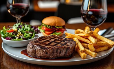 Grilled filet steak with sauce, crispy golden fries, fresh mixed salad and a small burger served with two glasses of red wine on a wooden table, appetizing cozy meal