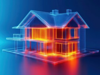neon wireframe two-story house model with porch and chimneys, blue structural lines and orange-hot interior glow on reflective surface, futuristic energetic architectural visualization
