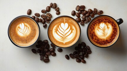 Three ceramic cups of latte with intricate leaf latte art, scattered roasted coffee beans on a light surface, warm inviting cozy morning vibe