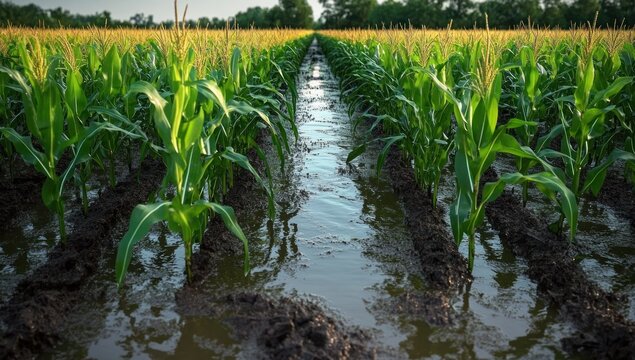 Irrigated cornfield with young green maize in water-filled furrows, reflective wet soil and straight rows leading to a tree-lined horizon under warm calm light