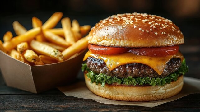 Appetizing juicy cheeseburger with melted cheddar, fresh lettuce and tomato on a sesame bun beside crispy golden fries