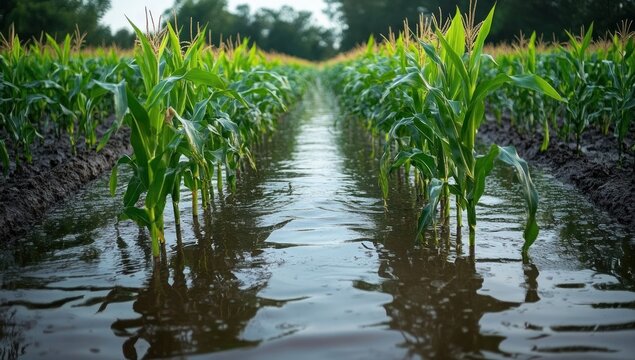 Young corn plants standing in muddy floodwater between neat rows in a rural field with trees in the distance, green leaves reflected in water, mood of concern and resilience