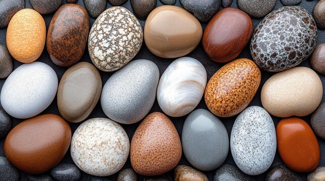 close-up of smooth multicolored pebbles and polished river stones with speckled and marbled textures arranged in a calming, soothing pattern - Powered by Adobe