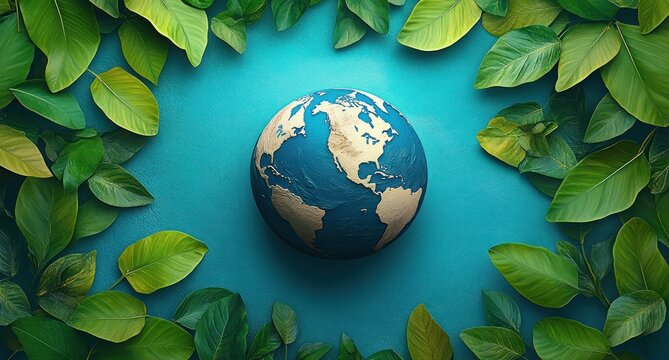 textured blue globe showing continents framed by vibrant green leaves on a turquoise background, conveying a calm, hopeful and protective feeling about nature and the planet