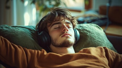 person reclining on couch wearing headphones, relaxed and cozy in a sunlit living room