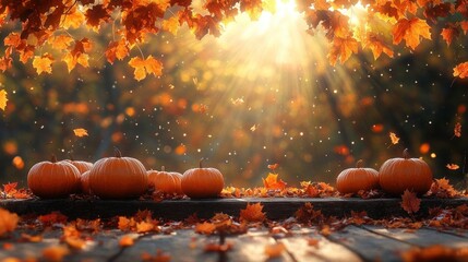 small pumpkins lined on a wooden ledge amid scattered maple leaves with golden sun rays filtering through branches, warm cozy peaceful autumn atmosphere