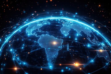 Glowing holographic digital globe centered on South America with blue illuminated continents, interconnected nodes, light trails and particles conveying futuristic global connectivity