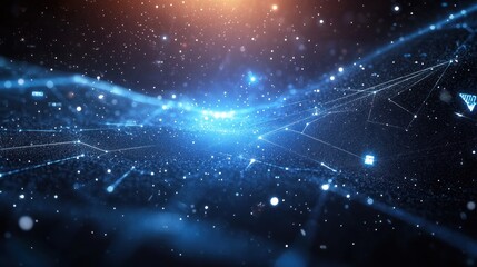 glowing blue particle network with streaming light trails and connected wireframe points evoking wonder and futuristic serenity