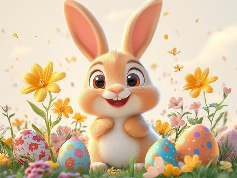 Smiling fluffy bunny sitting in a sunny spring meadow surrounded by colorful decorated eggs, yellow and pink flowers, butterflies and falling petals, joyful and playful - Powered by Adobe