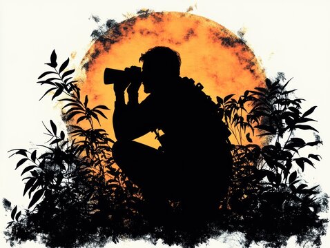 crouching silhouette of a person with binoculars and backpack among dense plants against a glowing orange sun, evoking curiosity and quiet adventure