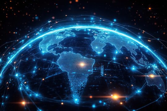Glowing holographic digital globe centered on South America with blue illuminated continents, interconnected nodes, light trails and particles conveying futuristic global connectivity