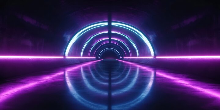futuristic neon tunnel with glowing cyan and magenta arches and mirrored reflections on a glossy floor, symmetrical vanishing corridor evoking a mysterious immersive mood