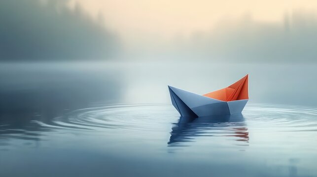 single small blue paper boat with orange interior floating on a calm misty lake with gentle ripples and soft morning light, evoking peaceful solitude - Powered by Adobe