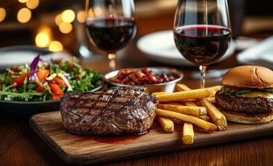 Grilled steak with fries and hamburger on wooden board beside fresh salad, dipping sauce and two glasses of red wine in a cozy warm restaurant setting, inviting and indulgent