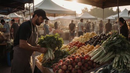 Bustling Farmers Market Scene with Fresh Produce and Local Vendor.