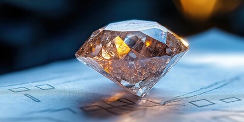 brilliant faceted gemstone resting on a paper blueprint with warm glow and cool blue tones, evoking elegance and quiet mystery