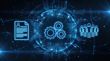 Human resources management concept. Digital representation of technology, resumes, gears, and teamwork in a futuristic network setting.