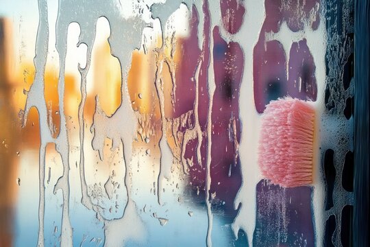 Close-up of soapy streaks and water droplets on a window being scrubbed with a pink brush, blurred colorful sunset cityscape beyond, calm and refreshing mood