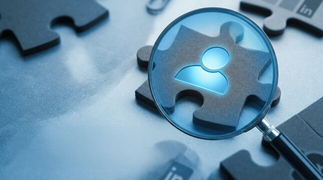 Human resources management concept. A magnifying glass focuses on a puzzle piece, symbolizing investigation or problem-solving.