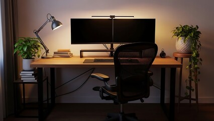 Fototapeta premium Cozy Home Office Setup with Dual Monitors and Plants.