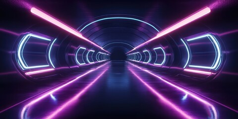 Symmetrical neon-lit arched tunnel corridor with glowing pink and cyan rings and reflective glossy floor, sleek futuristic and mysterious atmosphere
