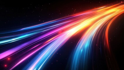 multicolored neon light trails arcing across a dark starry background conveying energetic motion, speed and futuristic momentum