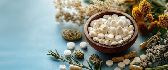 Fototapeta premium wooden bowl of white round tablets surrounded by capsules, herbal tablets, dried flowers and an herb sprig on a soft blue surface conveying calm wellness