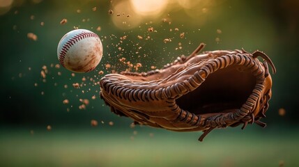 brown leather baseball glove catching a dirt-splattered baseball midair with flying mud and warm golden sunlight, a dynamic moment of action and anticipation