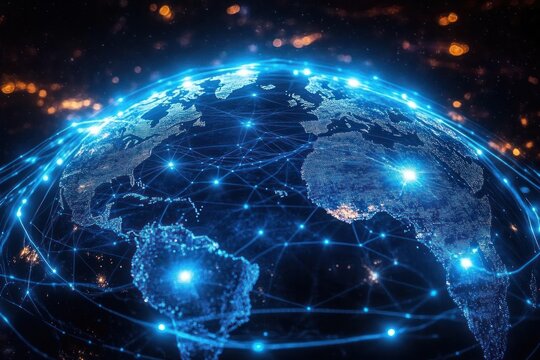 Futuristic glowing Earth at night with illuminated continents, bright city lights, blue network lines and radiant nodes conveying global connection and dynamic energy