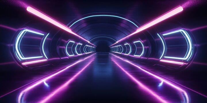 Symmetrical neon-lit arched tunnel corridor with glowing pink and cyan rings and reflective glossy floor, sleek futuristic and mysterious atmosphere