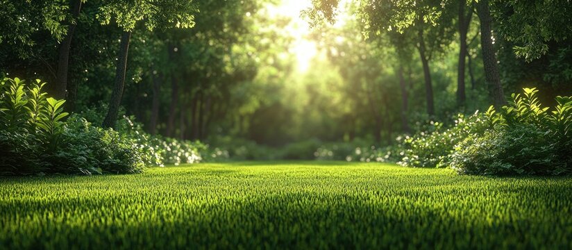 sunlit forest clearing with lush green grass, surrounding trees and undergrowth, warm glowing sunbeams and a peaceful, tranquil atmosphere - Powered by Adobe