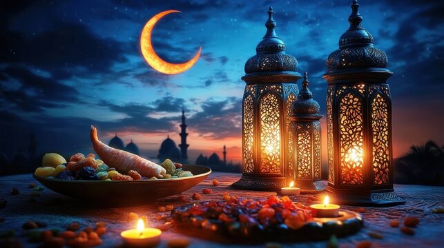 Serene twilight tableau of glowing ornate lanterns and candles, a crescent moon above silhouetted mosque minarets, and a bowl of dried fruits and sweets evoking warm festive spirituality