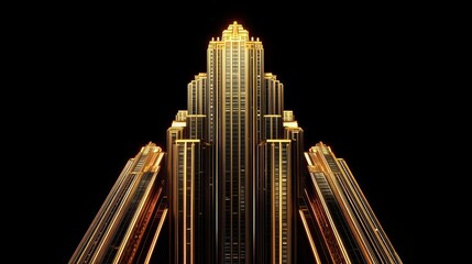Majestic glowing golden skyscraper with symmetrical stepped towers, vertical illuminated lines, and central spire against a pitch-black background, dramatic and opulent