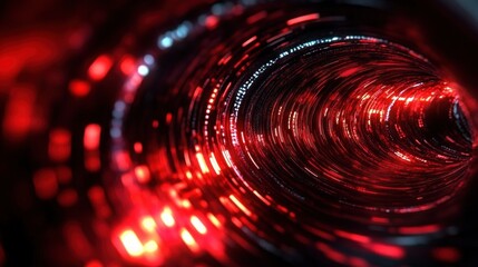 glowing red spiral tunnel of reflective metallic rings and scattered led-like lights creating a futuristic, intense, immersive motion effect