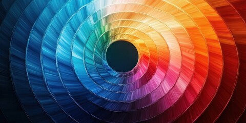 vibrant spiral of concentric metallic rings in a rainbow gradient converging toward a dark central void, creating a dynamic hypnotic energetic visual tunnel