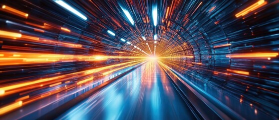 futuristic glowing tunnel with blue and orange light streaks rushing toward a bright vanishing point over a sleek reflective floor, intense exhilarating sense of speed and motion