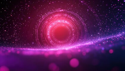 Glowing magenta digital portal above a sparkling particle field with concentric data rings, bokeh lights and a mysterious futuristic atmosphere