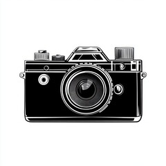 black and white vintage film camera front view with prominent lens, dials and viewfinder conveying nostalgic classic photographic mood