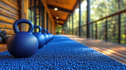 Blue kettlebells line a wooden outdoor gym