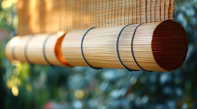 Rolled bamboo blind tied with dark cords hanging outdoors, warm sunlight filtering through woven slats against a blurred green garden background, calm and serene mood