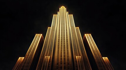 Majestic illuminated golden skyscraper towers at night with dramatic upward perspective conveying awe and grandeur